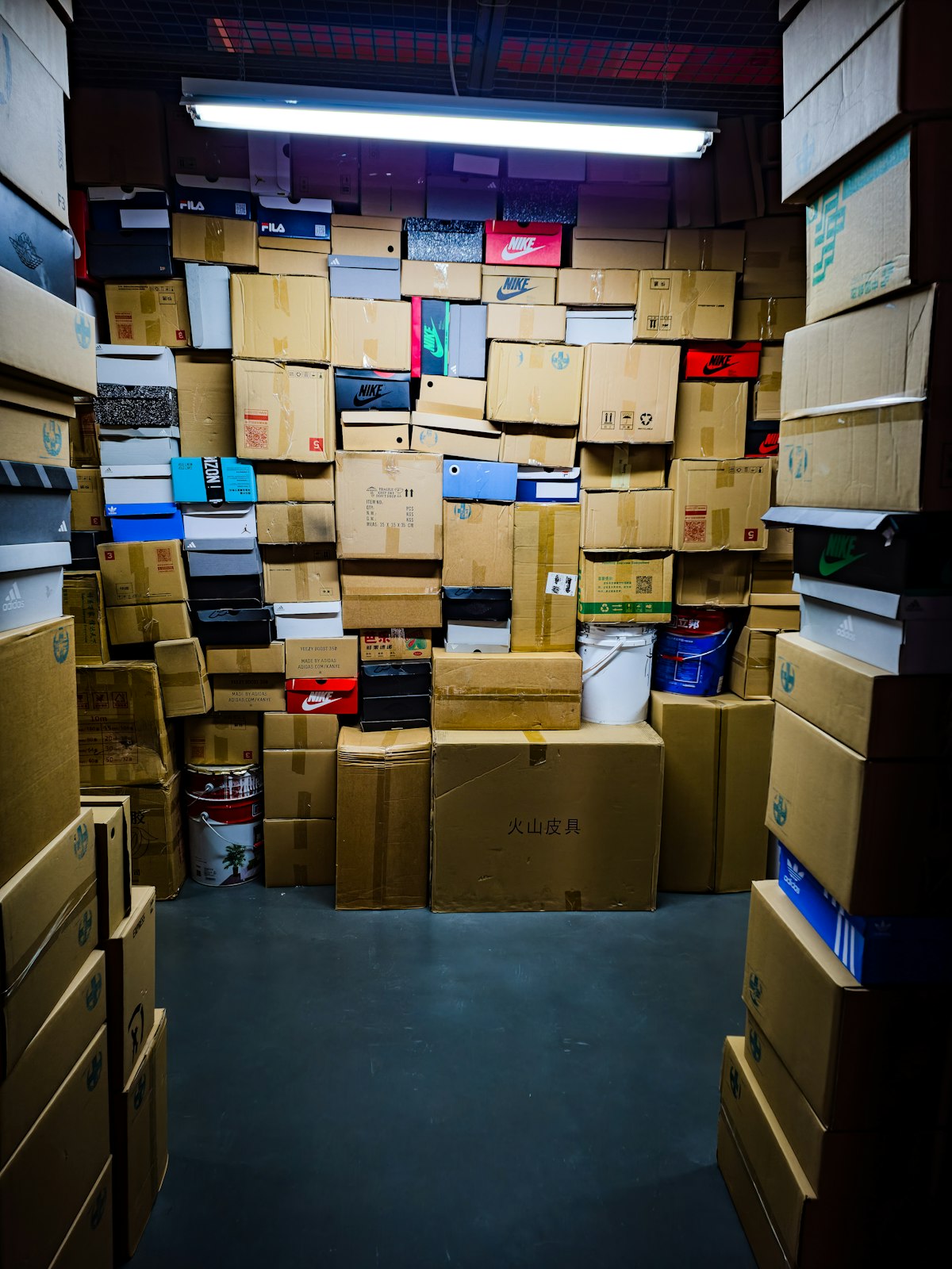 Stacked estate sale boxes