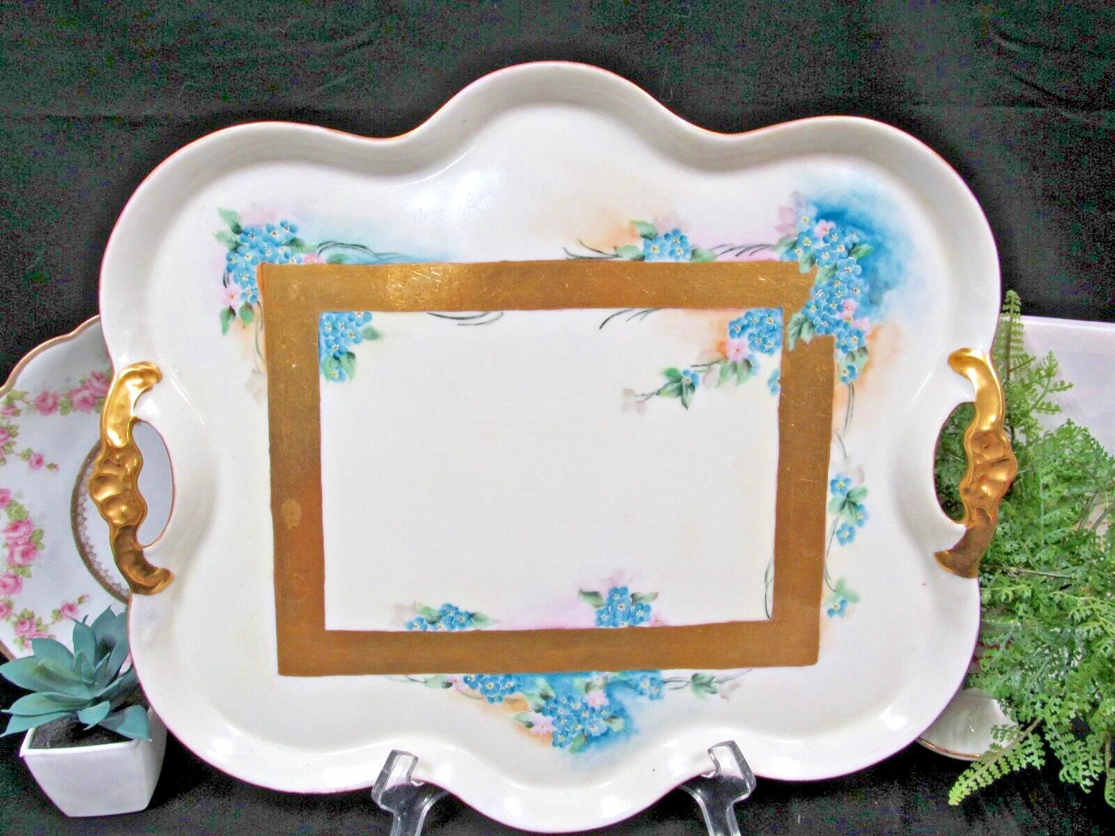 Limoges France painted forget me not large vanity tray and trinket holders 1920s