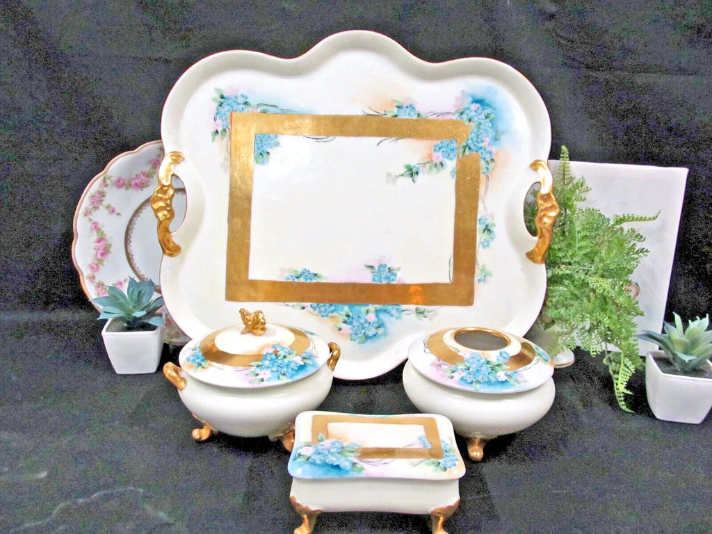 Limoges France painted forget me not large vanity tray and trinket holders 1920s