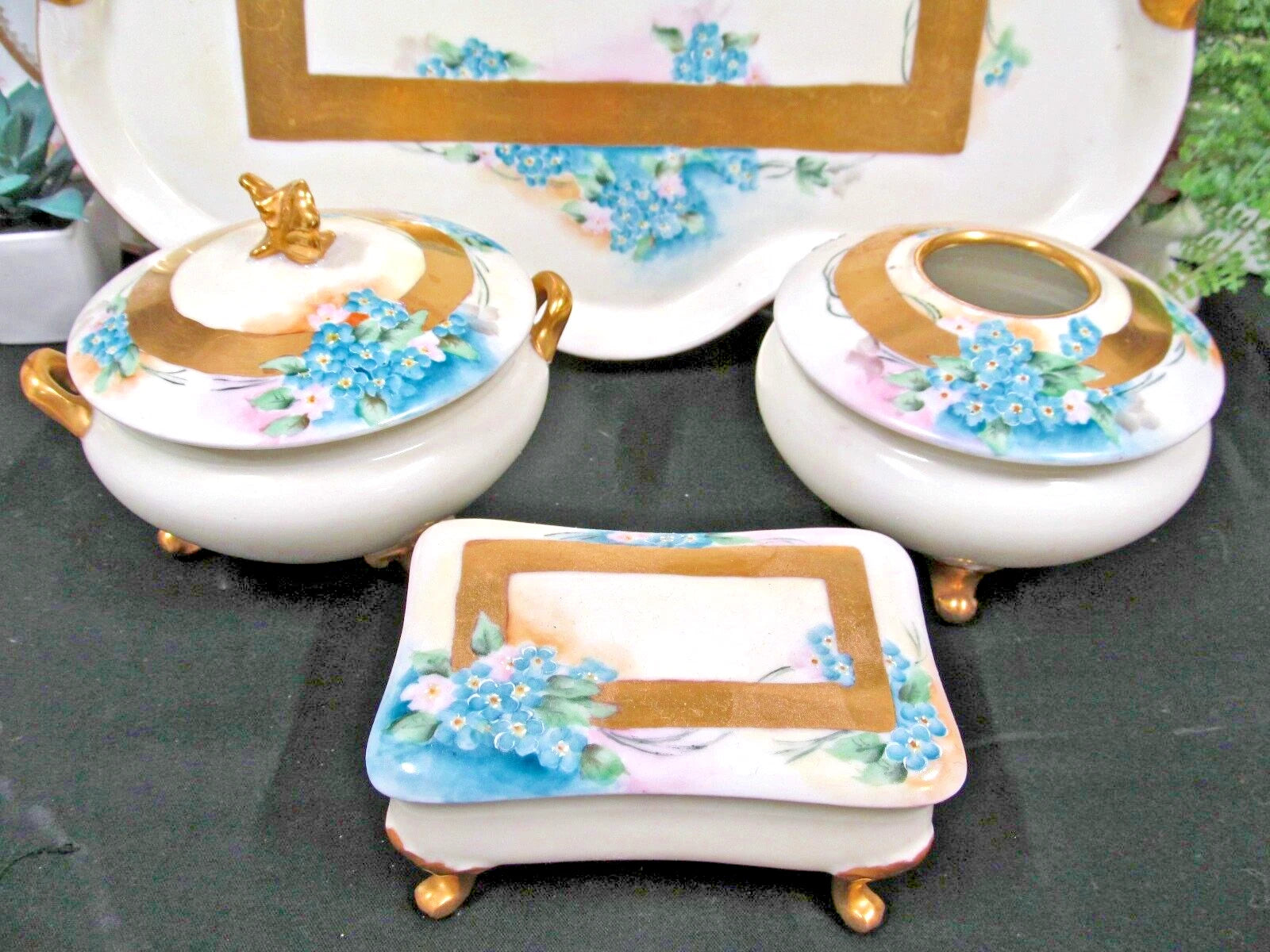 Limoges France painted forget me not large vanity tray and trinket holders 1920s