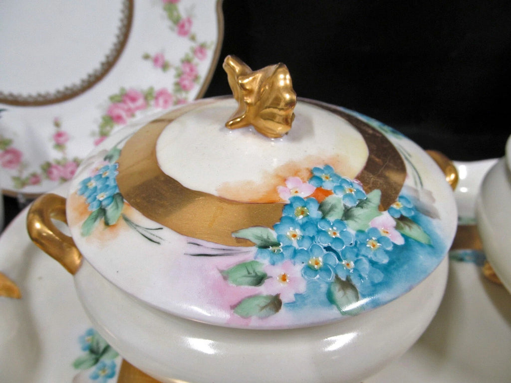 Limoges France painted forget me not large vanity tray and trinket holders 1920s