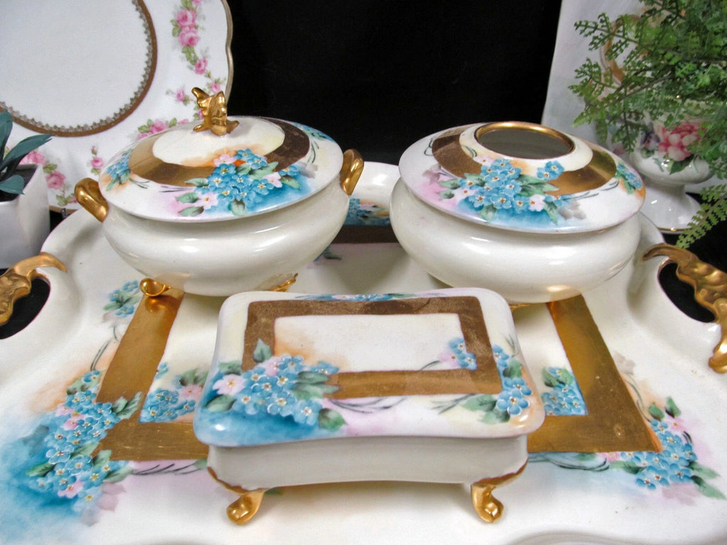 Limoges France painted forget me not large vanity tray and trinket holders 1920s