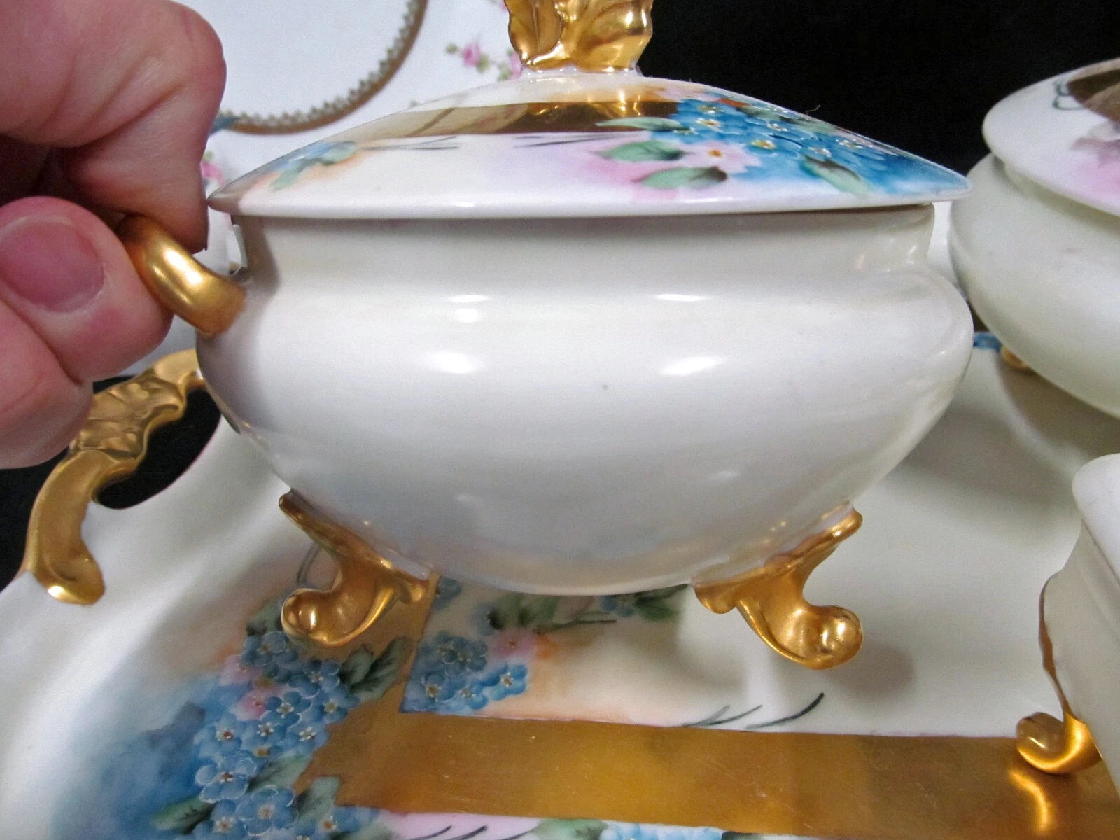 Limoges France painted forget me not large vanity tray and trinket holders 1920s