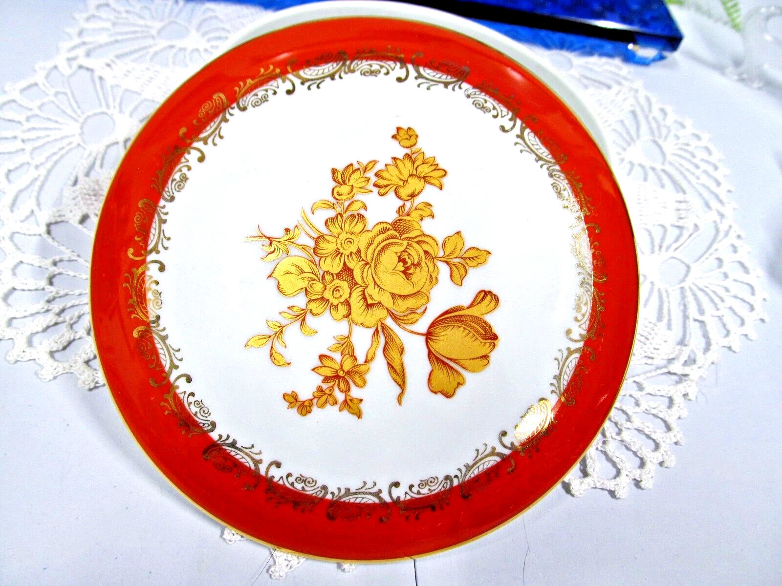 Limoges France trinket holder gold roses orange bands gold gilt covered Jar
