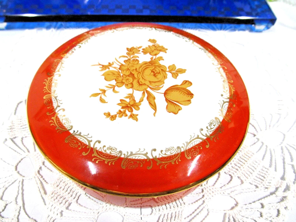 Limoges France trinket holder gold roses orange bands gold gilt covered Jar