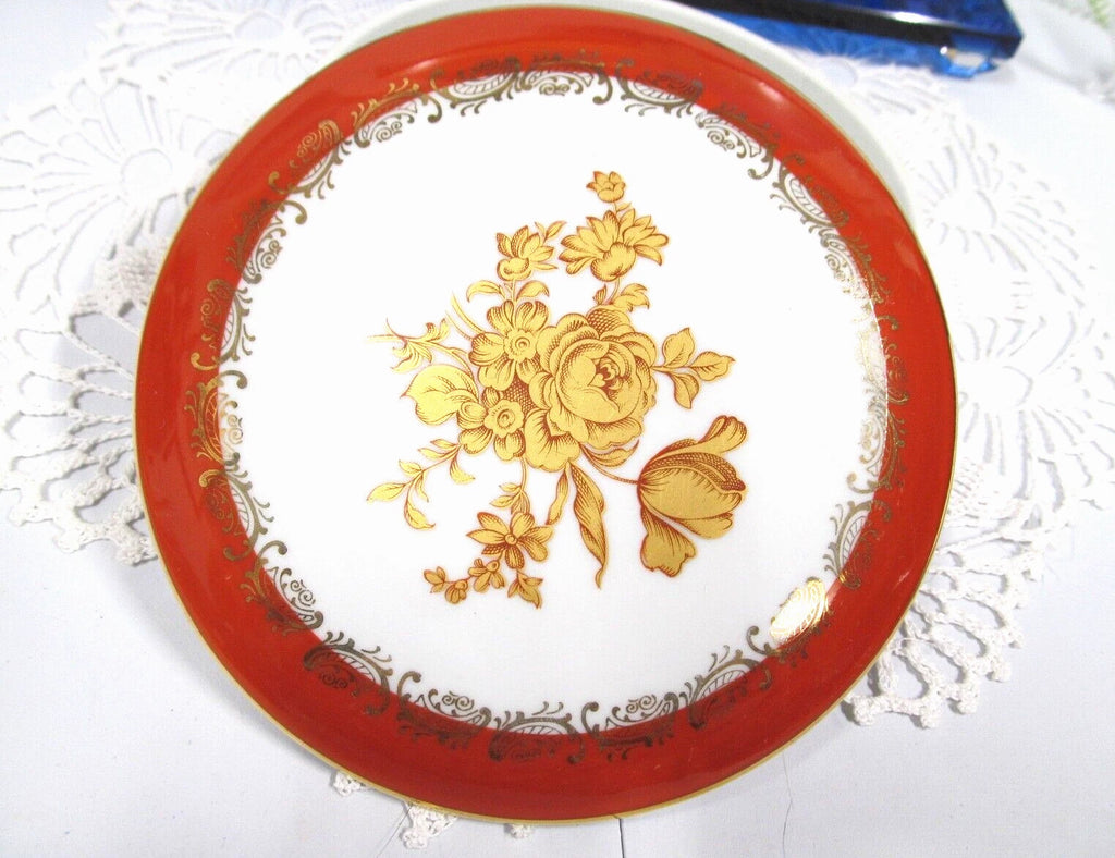 Limoges France trinket holder gold roses orange bands gold gilt covered Jar