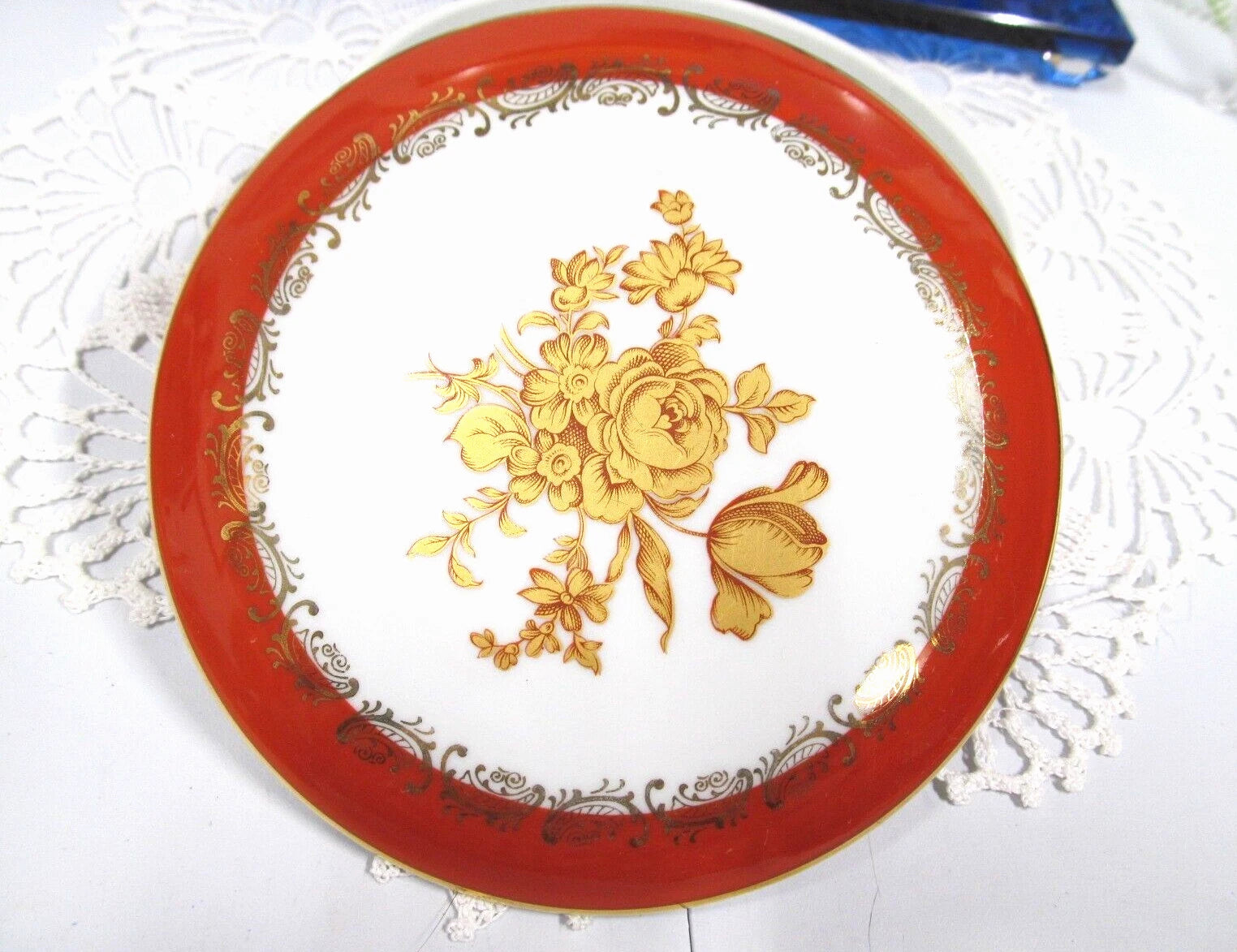 Limoges France trinket holder gold roses orange bands gold gilt covered Jar