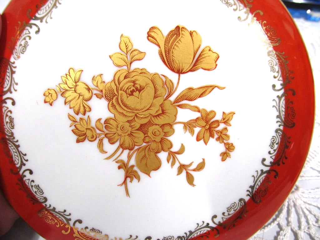 Limoges France trinket holder gold roses orange bands gold gilt covered Jar
