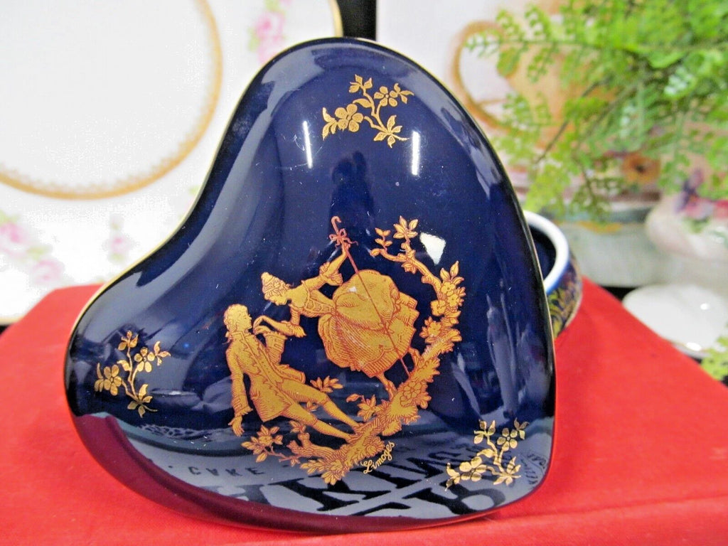 Limoges France cobalt blue heart shape trinket holder courting couple love story