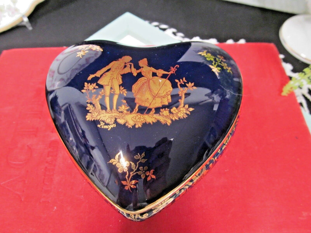 Limoges France cobalt blue heart shape trinket holder courting couple love story