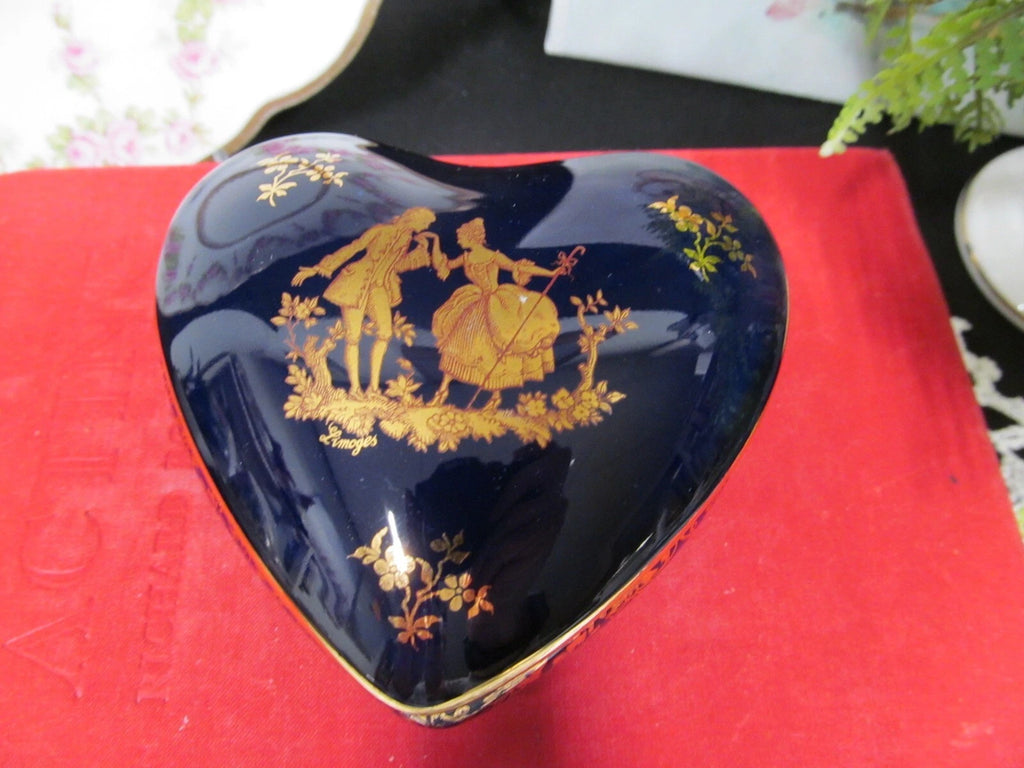 Limoges France cobalt blue heart shape trinket holder courting couple love story