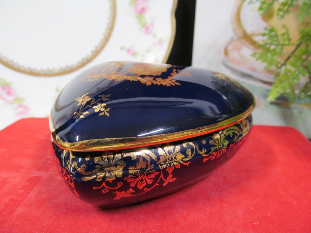 Limoges France cobalt blue heart shape trinket holder courting couple love story