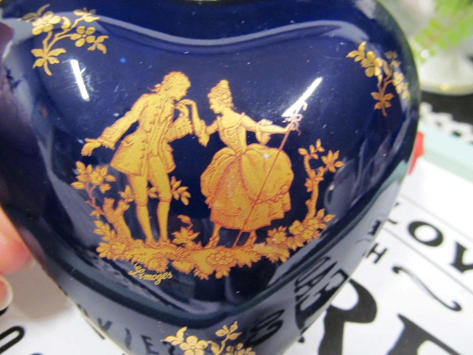 Limoges France cobalt blue heart shape trinket holder courting couple love story