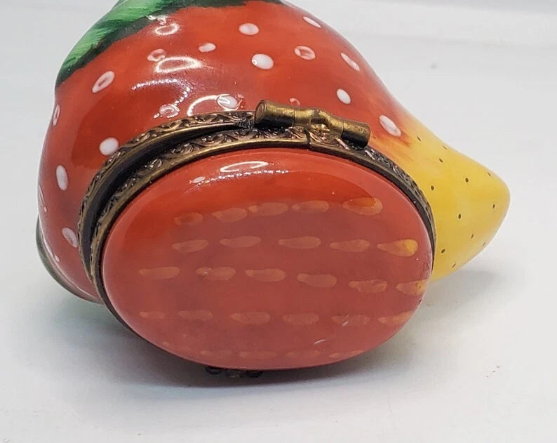 Limoges France Peint Main Juicy Strawberry trinket box with Brass hinges