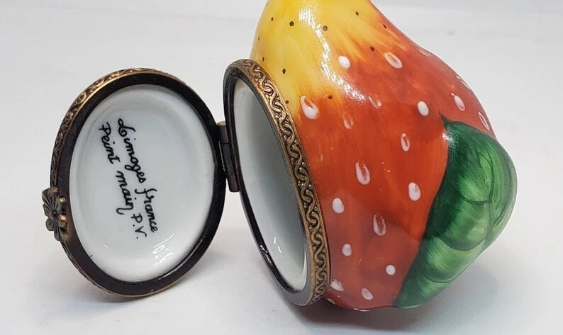 Limoges France Peint Main Juicy Strawberry trinket box with Brass hinges