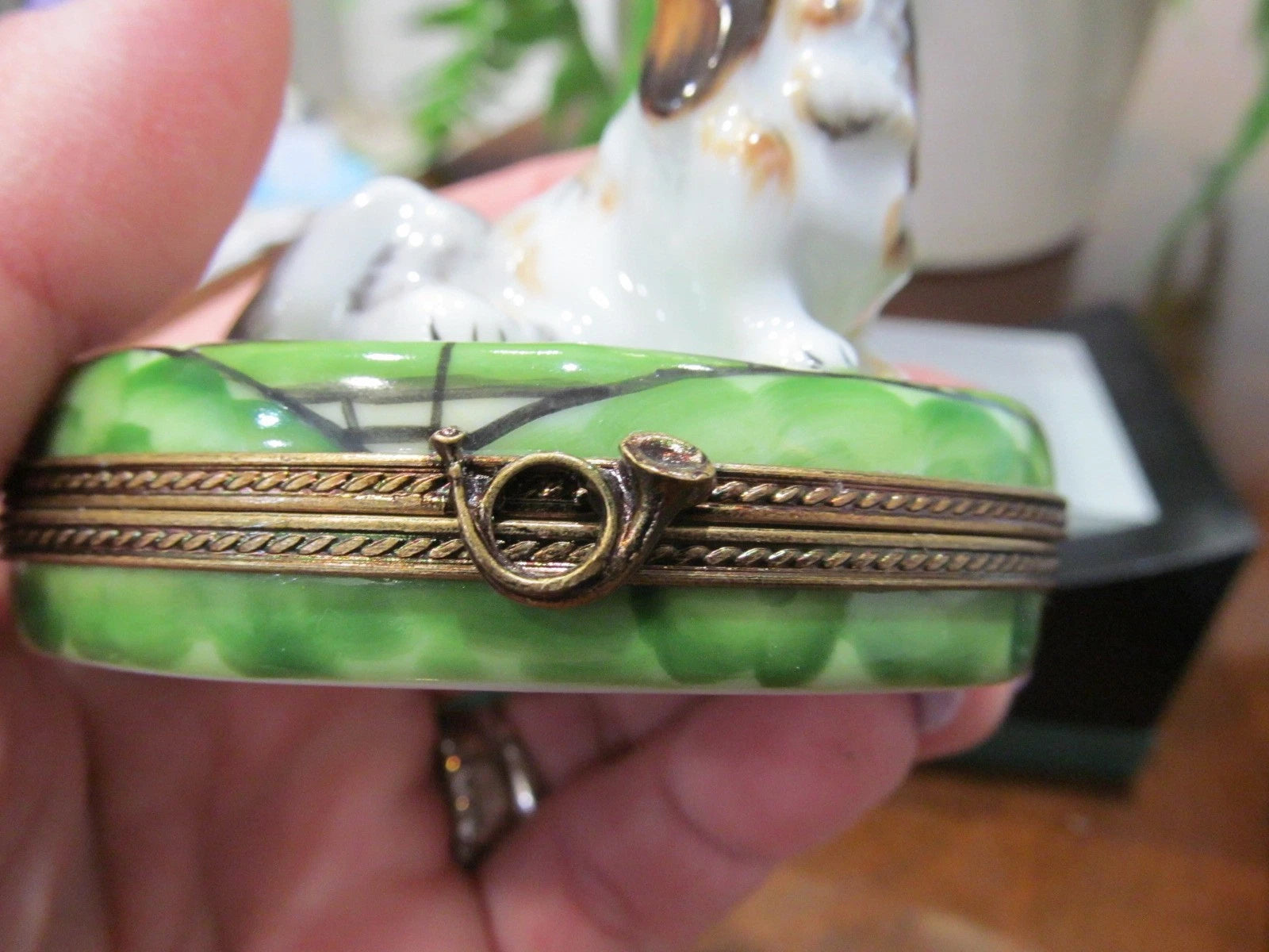 Limoges France Peint Main Bassett hound dog trinket box Jewelry holder