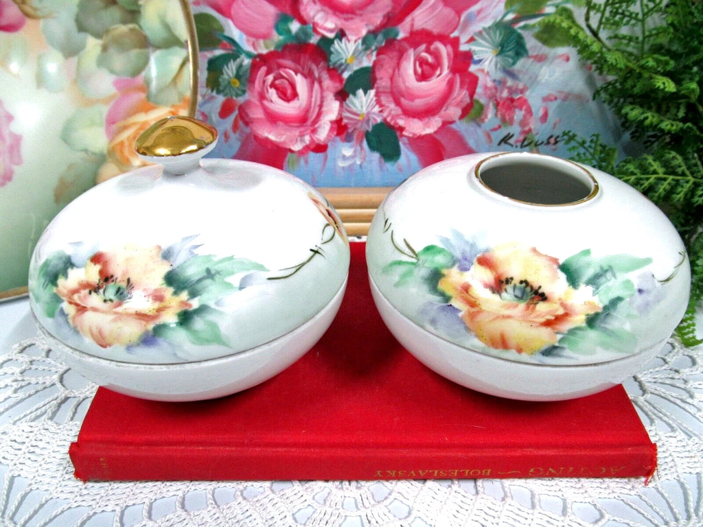 T & V Limoges France painted floral dresser set trinket holder hair Receiver