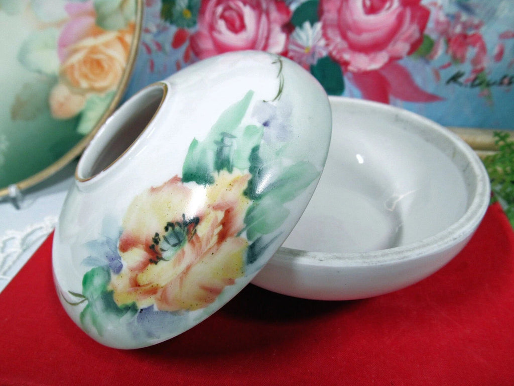 T & V Limoges France painted floral dresser set trinket holder hair Receiver