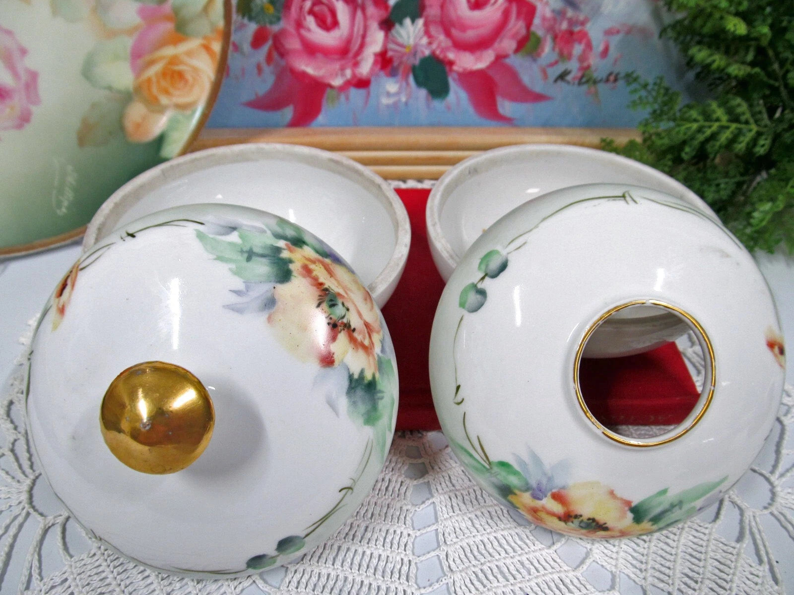 T & V Limoges France painted floral dresser set trinket holder hair Receiver