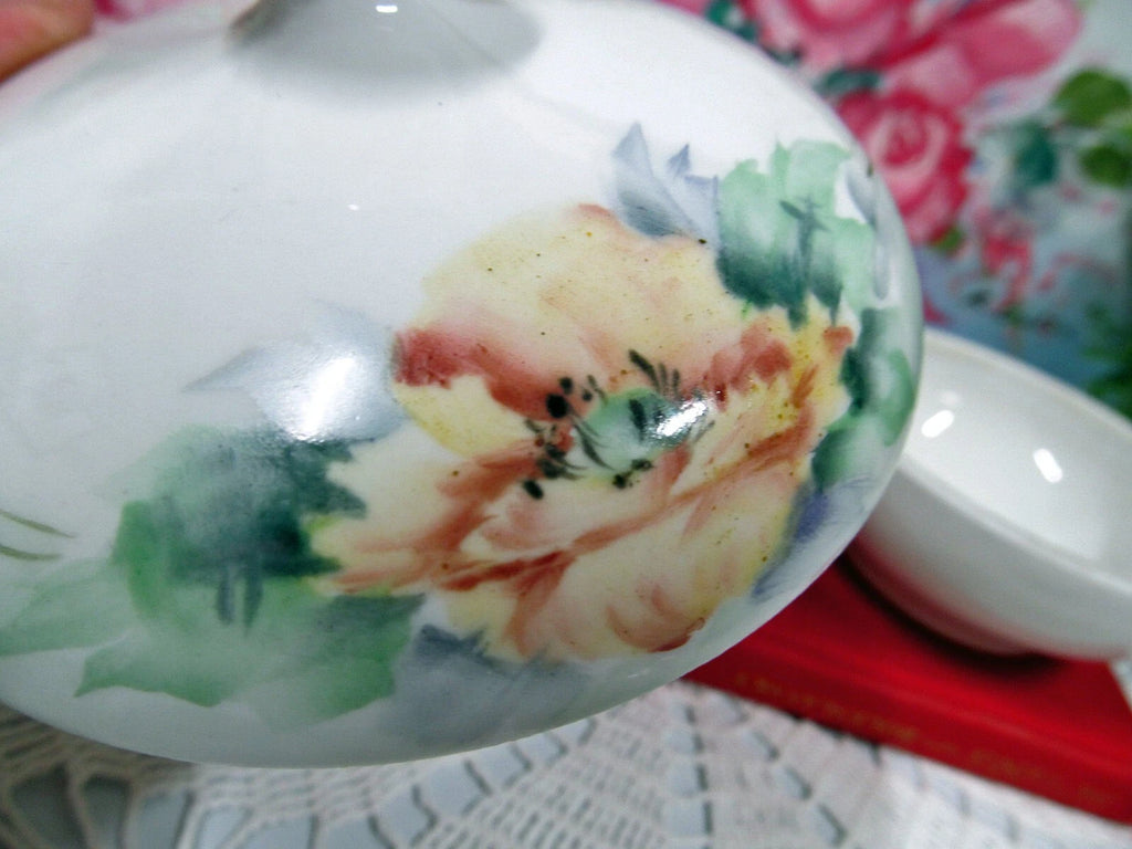 T & V Limoges France painted floral dresser set trinket holder hair Receiver