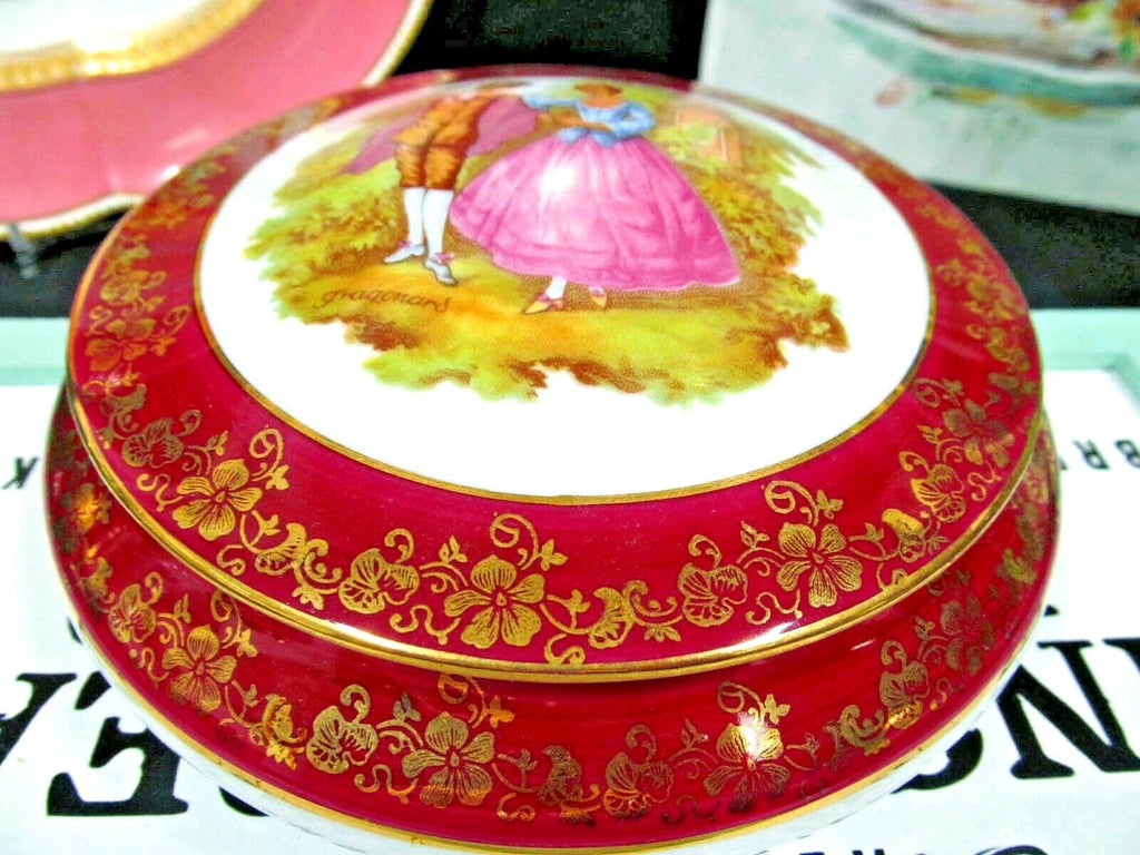 Limoges France trinket holder Fragonard love story large covered jar red & gold