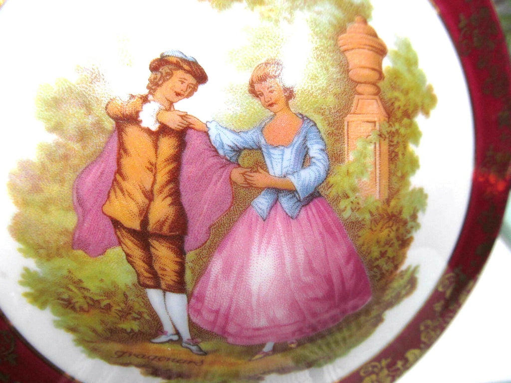 Limoges France trinket holder Fragonard love story large covered jar red & gold