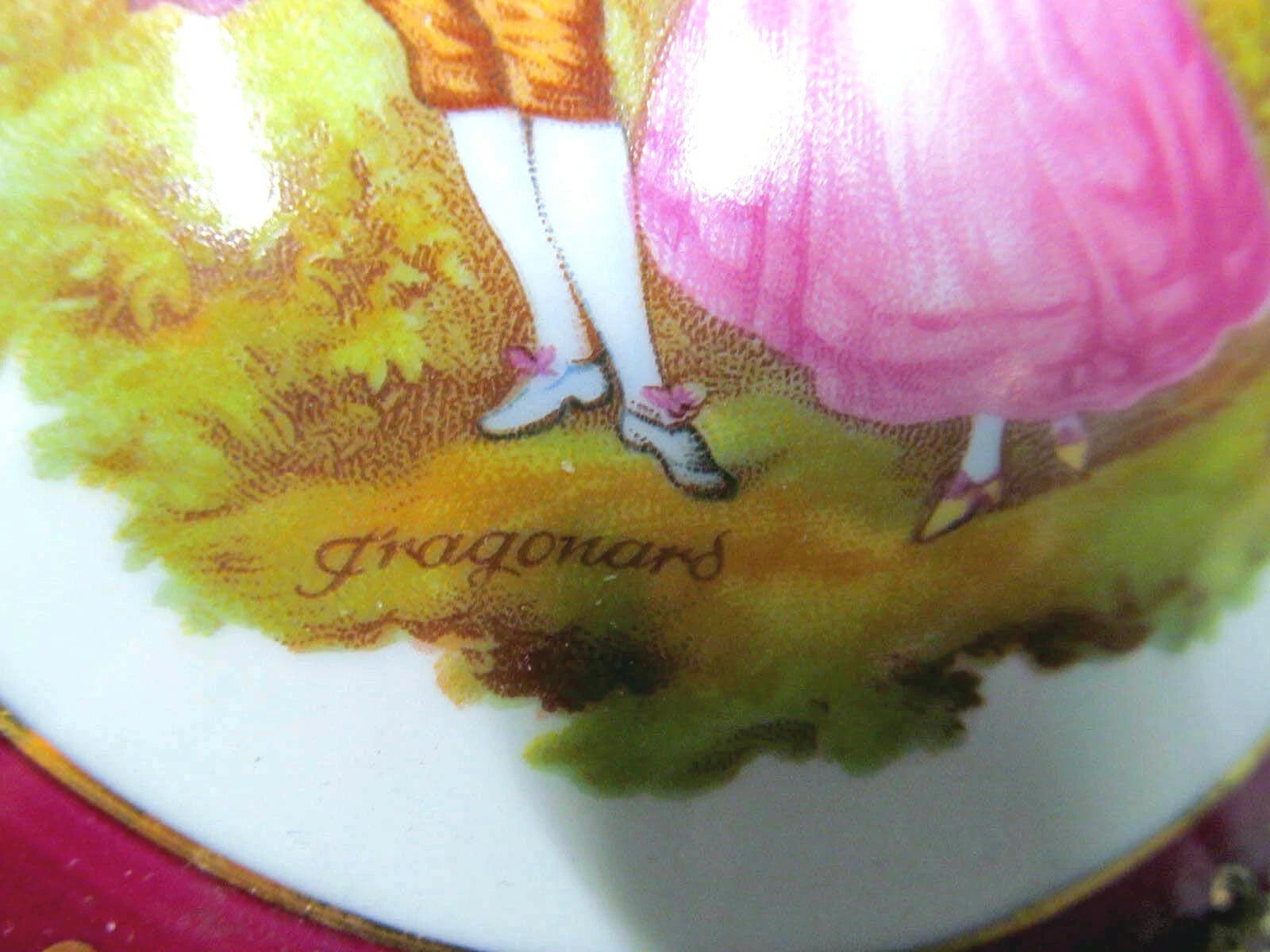 Limoges France trinket holder Fragonard love story large covered jar red & gold