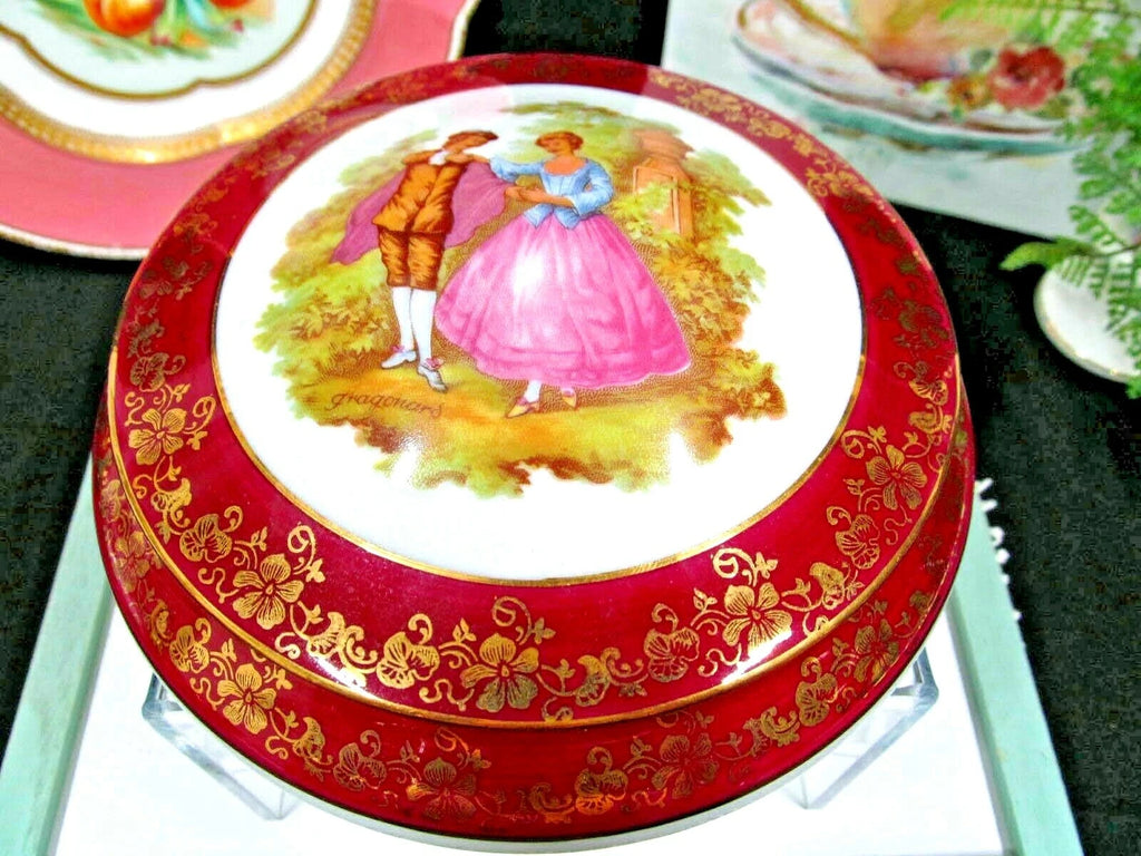 Limoges France trinket holder Fragonard love story large covered jar red & gold