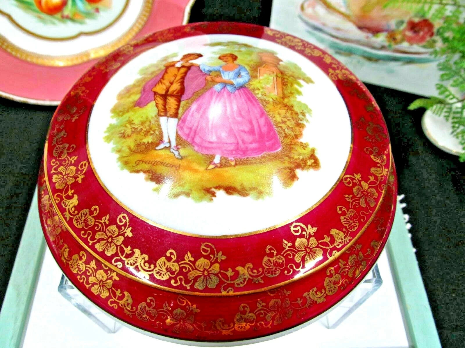 Limoges France trinket holder Fragonard love story large covered jar red & gold