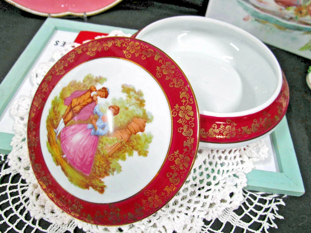 Limoges France trinket holder Fragonard love story large covered jar red & gold