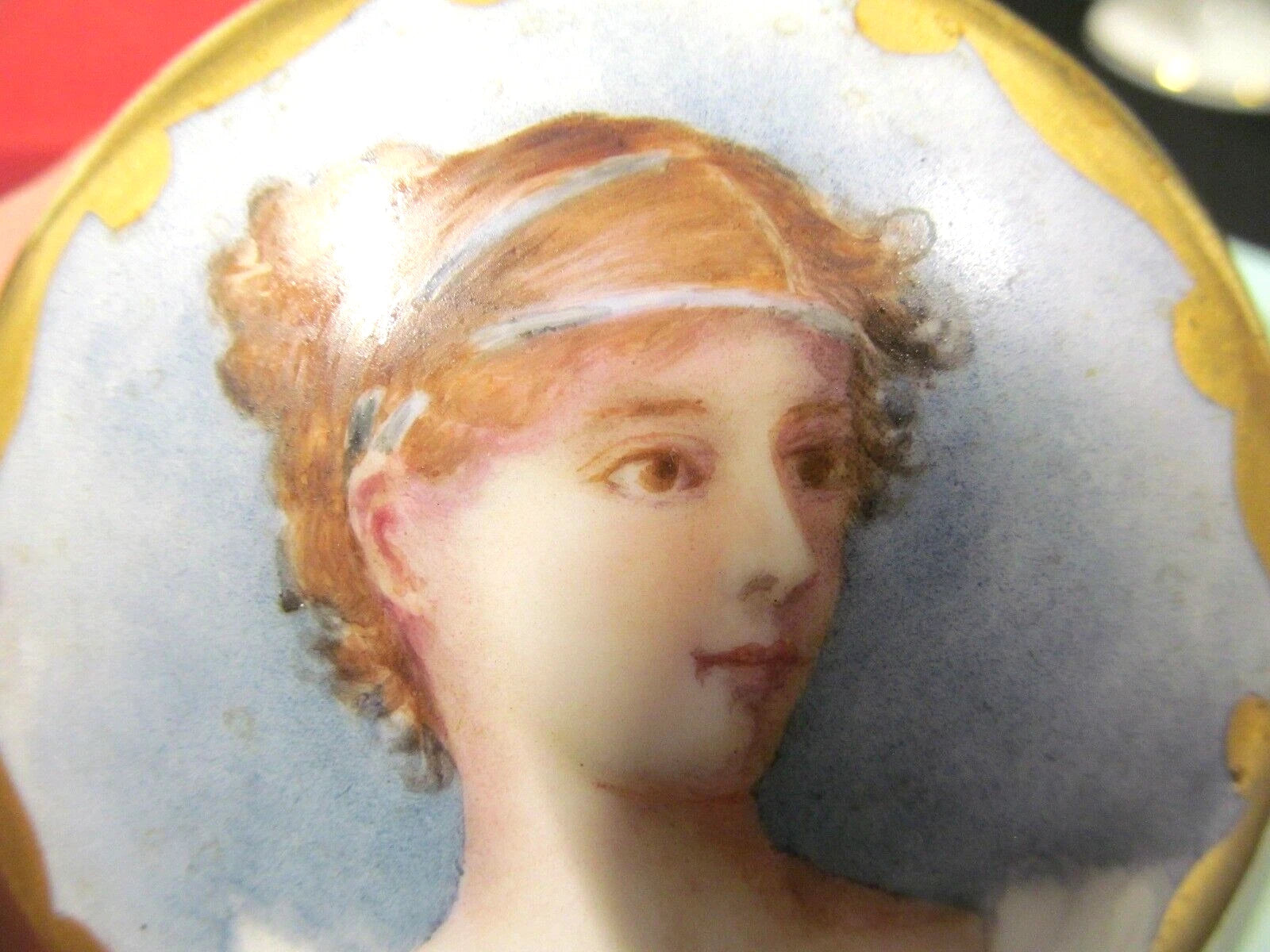 Limoges France trinket holder Jewelry Jar lady portrait gold gilt work 1920s