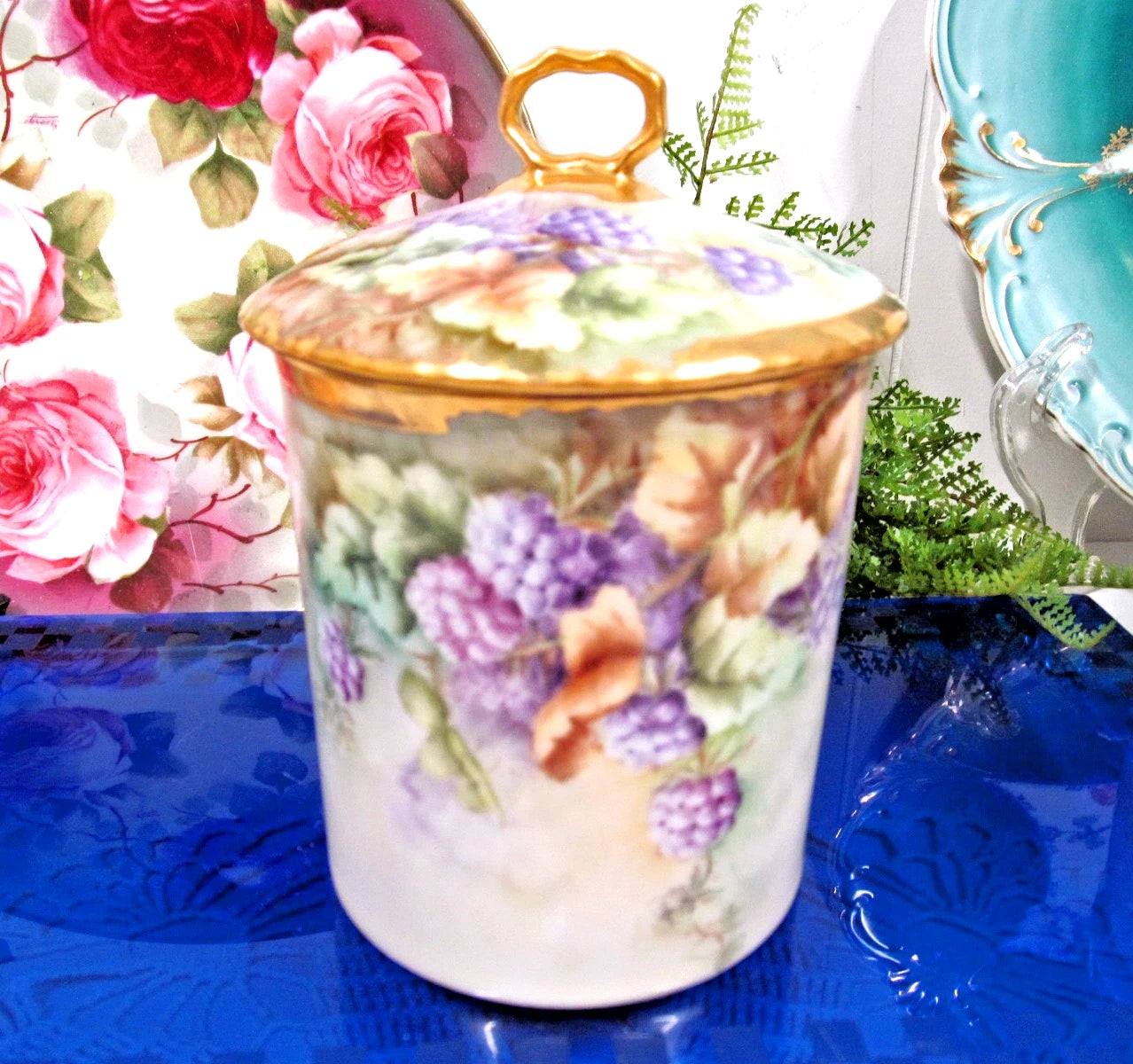 Limoges France 1911 covered Jar painted artist signed Gold bands