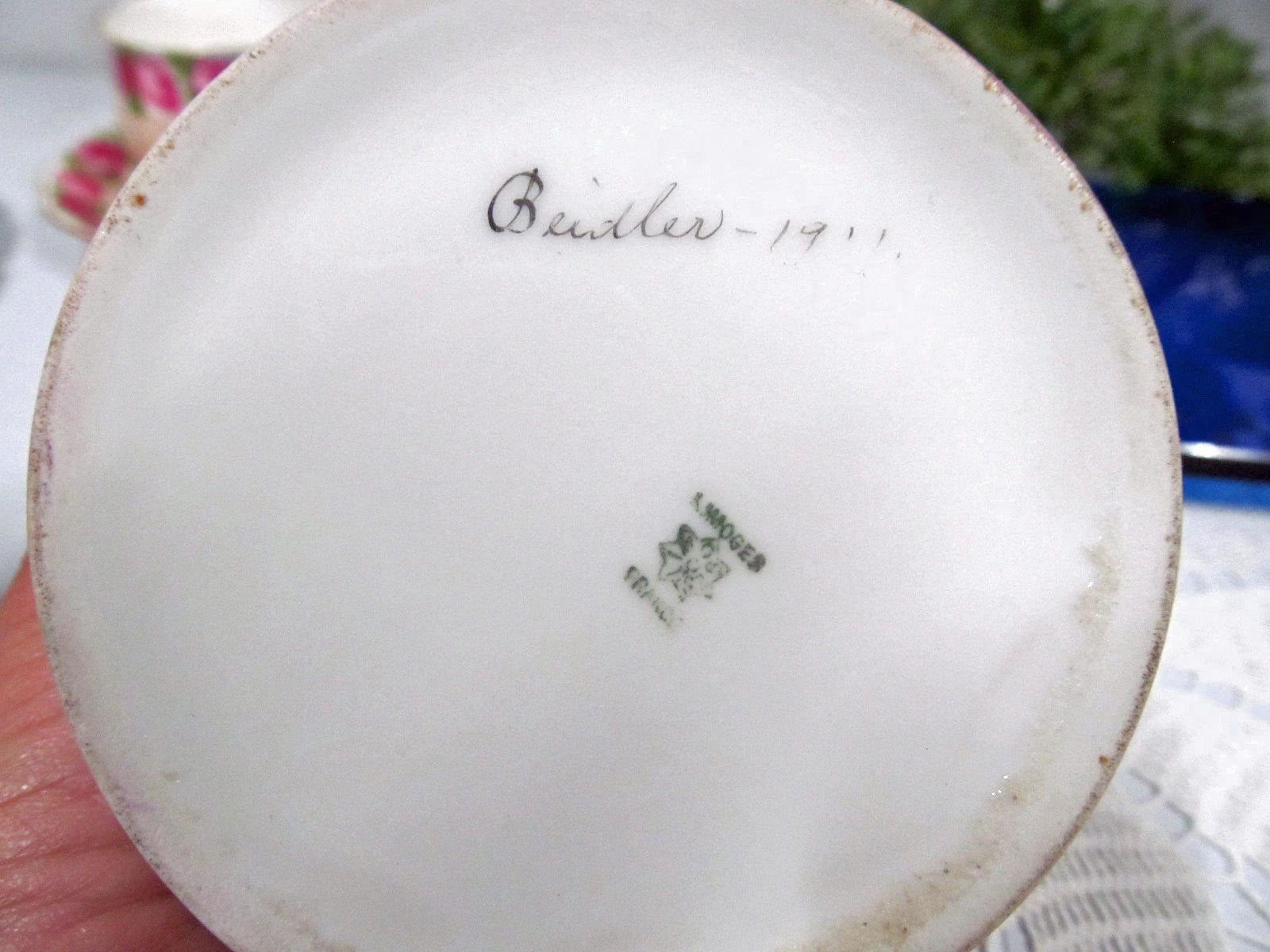 Limoges France 1911 covered Jar painted artist signed Gold bands