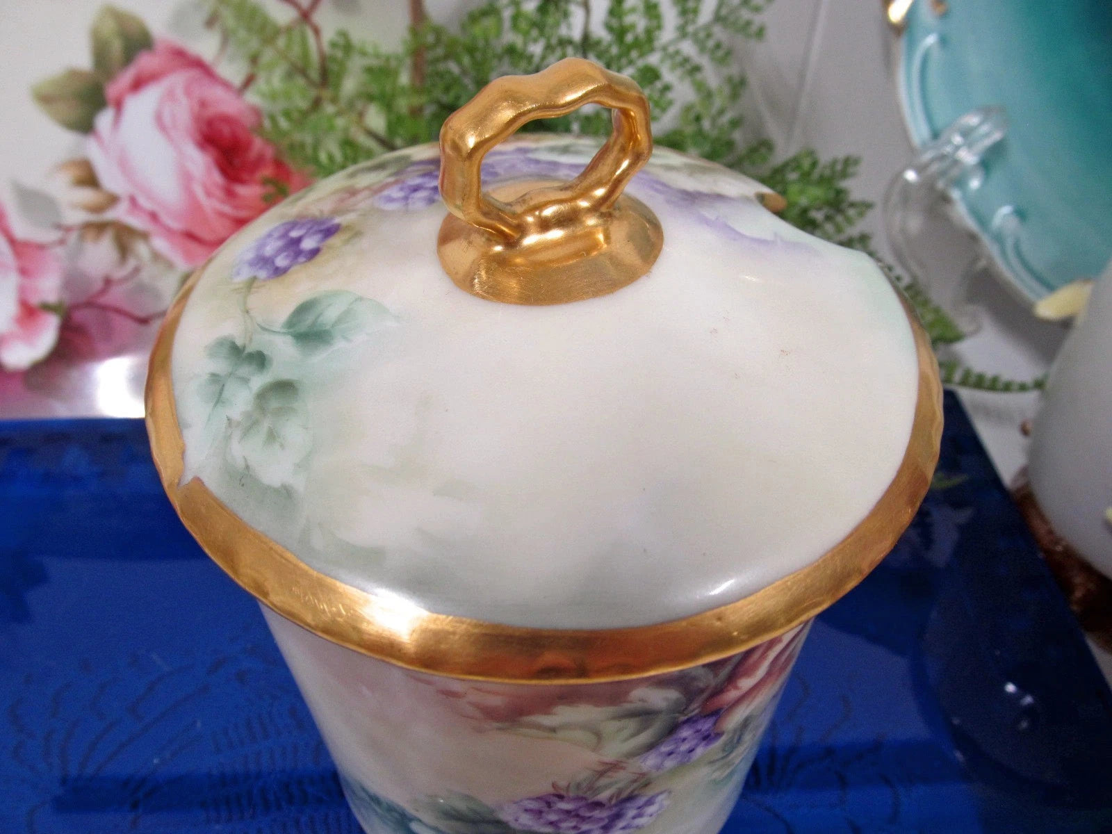 Limoges France 1911 covered Jar painted artist signed Gold bands