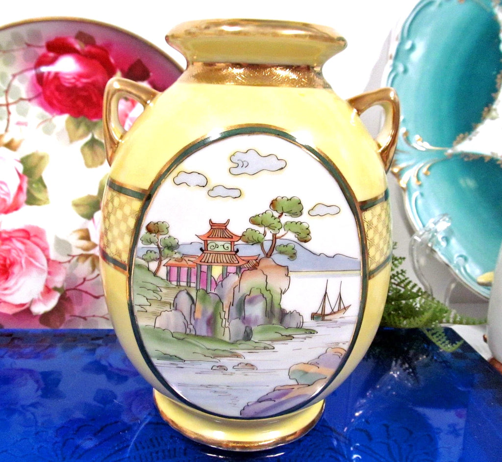 Nippon Pagoda and lake view urn double handle vase painted gold etched