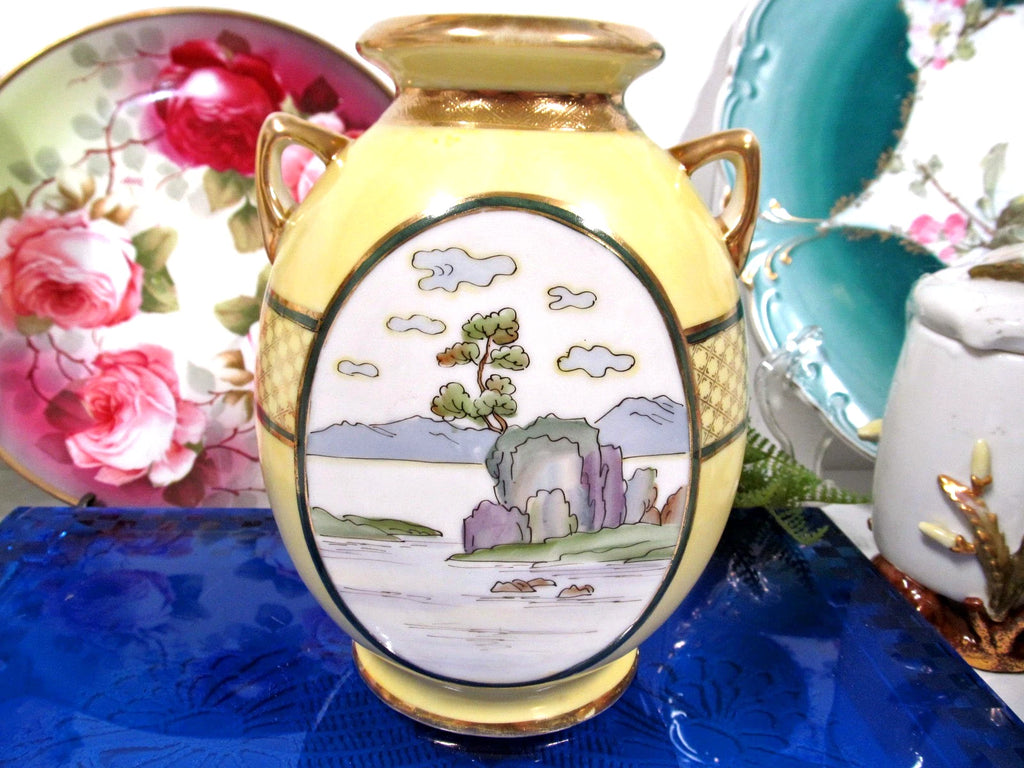 Nippon Pagoda and lake view urn double handle vase painted gold etched