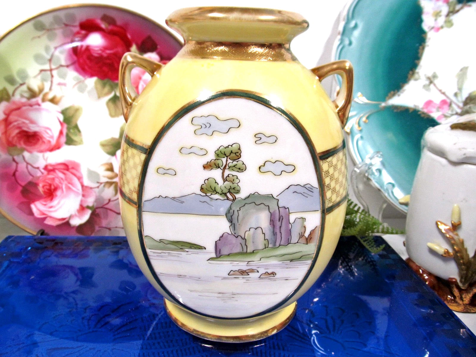 Nippon Pagoda and lake view urn double handle vase painted gold etched