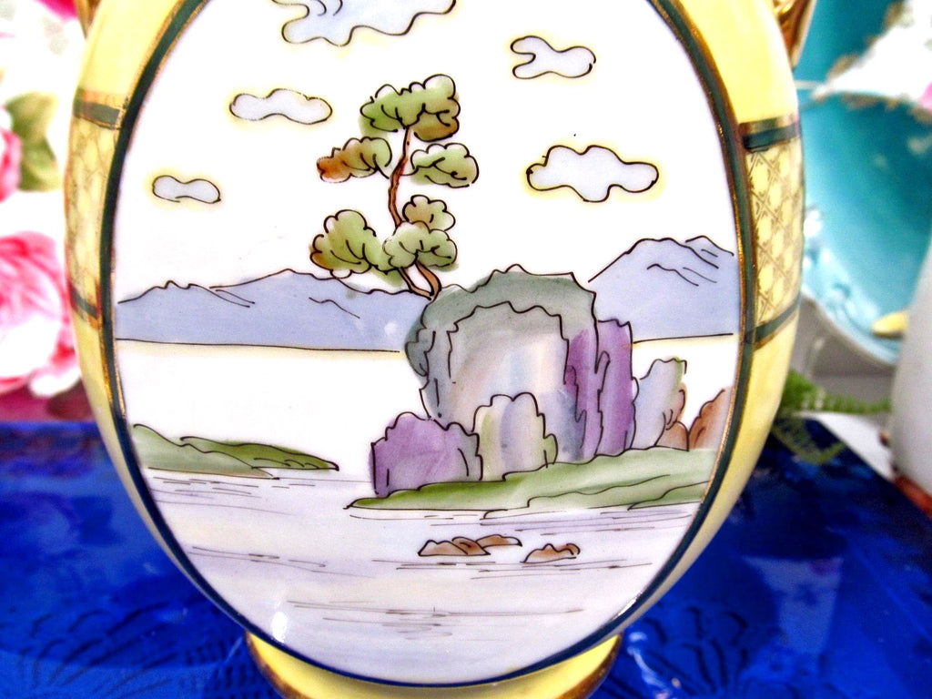Nippon Pagoda and lake view urn double handle vase painted gold etched