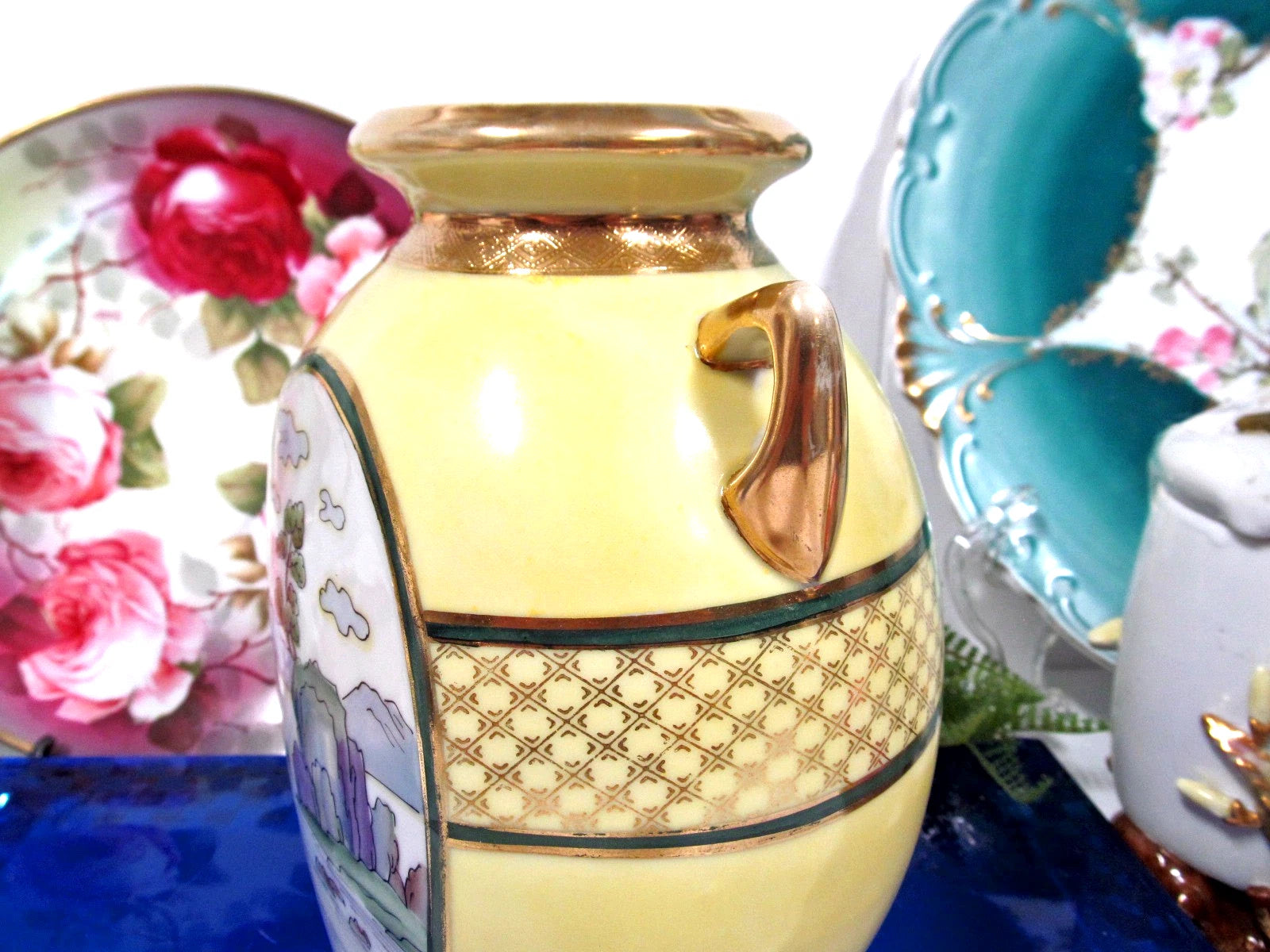 Nippon Pagoda and lake view urn double handle vase painted gold etched