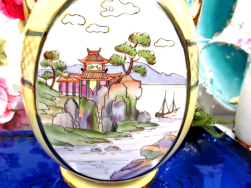 Nippon Pagoda and lake view urn double handle vase painted gold etched