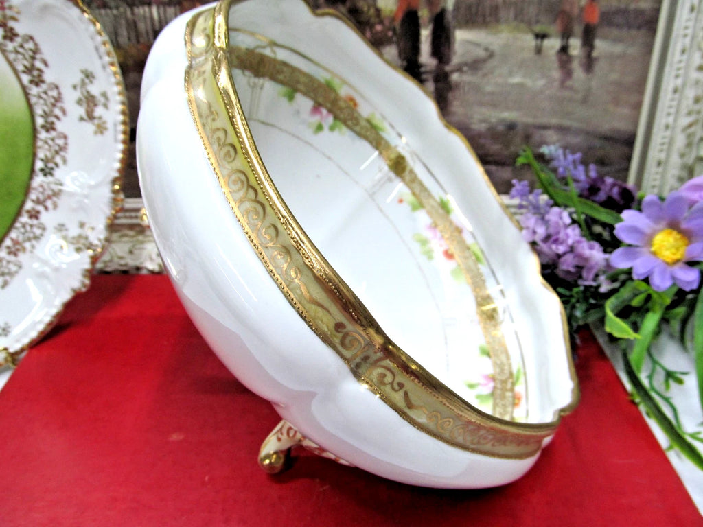 Vintage Nippon bowl footed base raised beaded gold painted blossoms