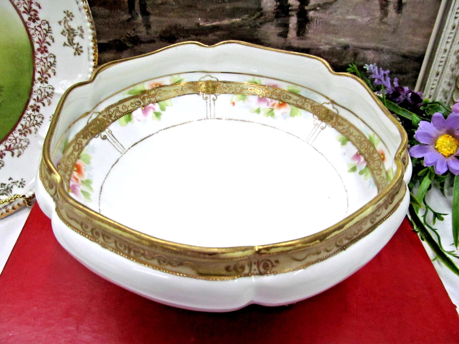 Vintage Nippon bowl footed base raised beaded gold painted blossoms