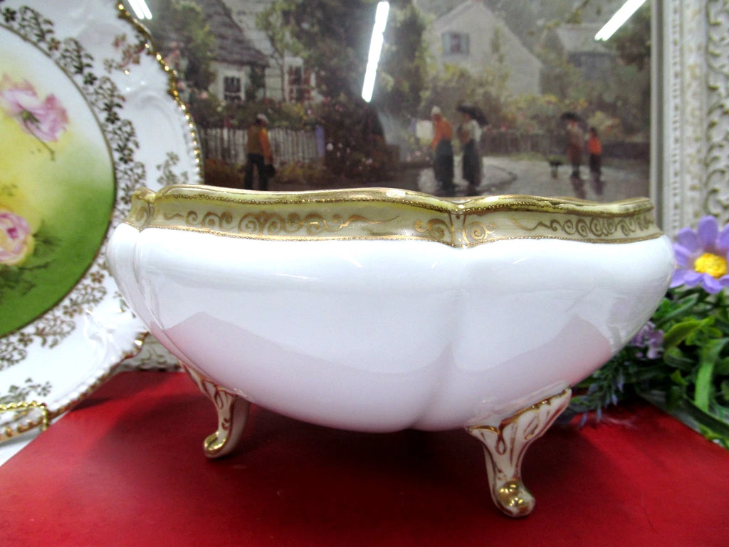 Vintage Nippon bowl footed base raised beaded gold painted blossoms