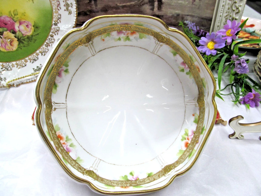 Vintage Nippon bowl footed base raised beaded gold painted blossoms