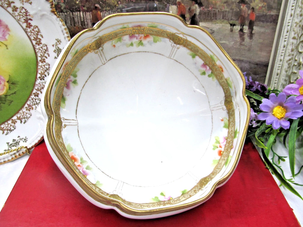 Vintage Nippon bowl footed base raised beaded gold painted blossoms