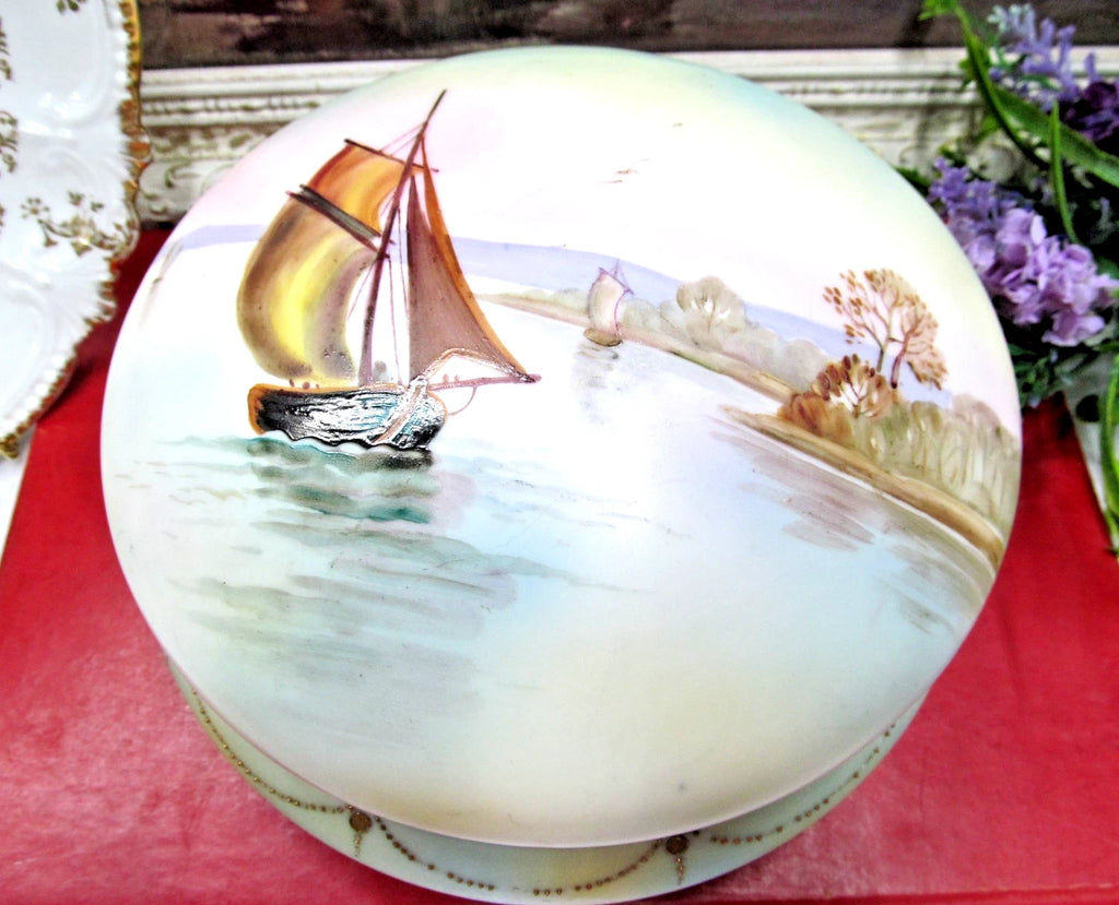 Nippon painted sailboat lake scene beaded gold jeweled large keepsake box