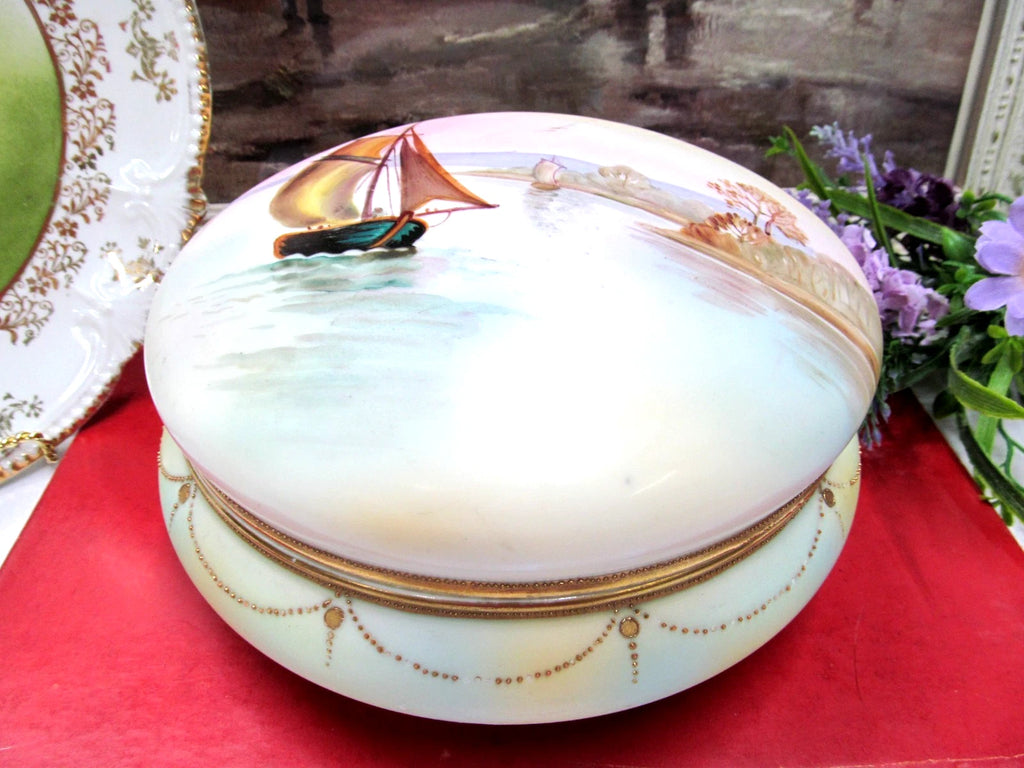 Nippon painted sailboat lake scene beaded gold jeweled large keepsake box