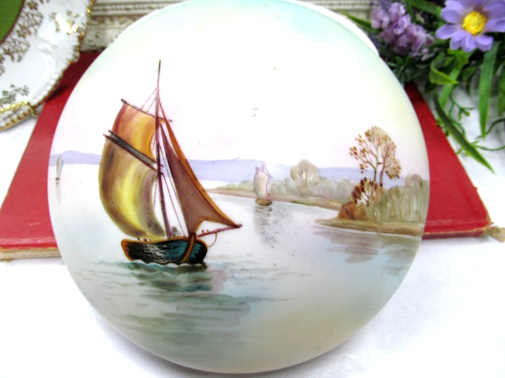 Nippon painted sailboat lake scene beaded gold jeweled large keepsake box