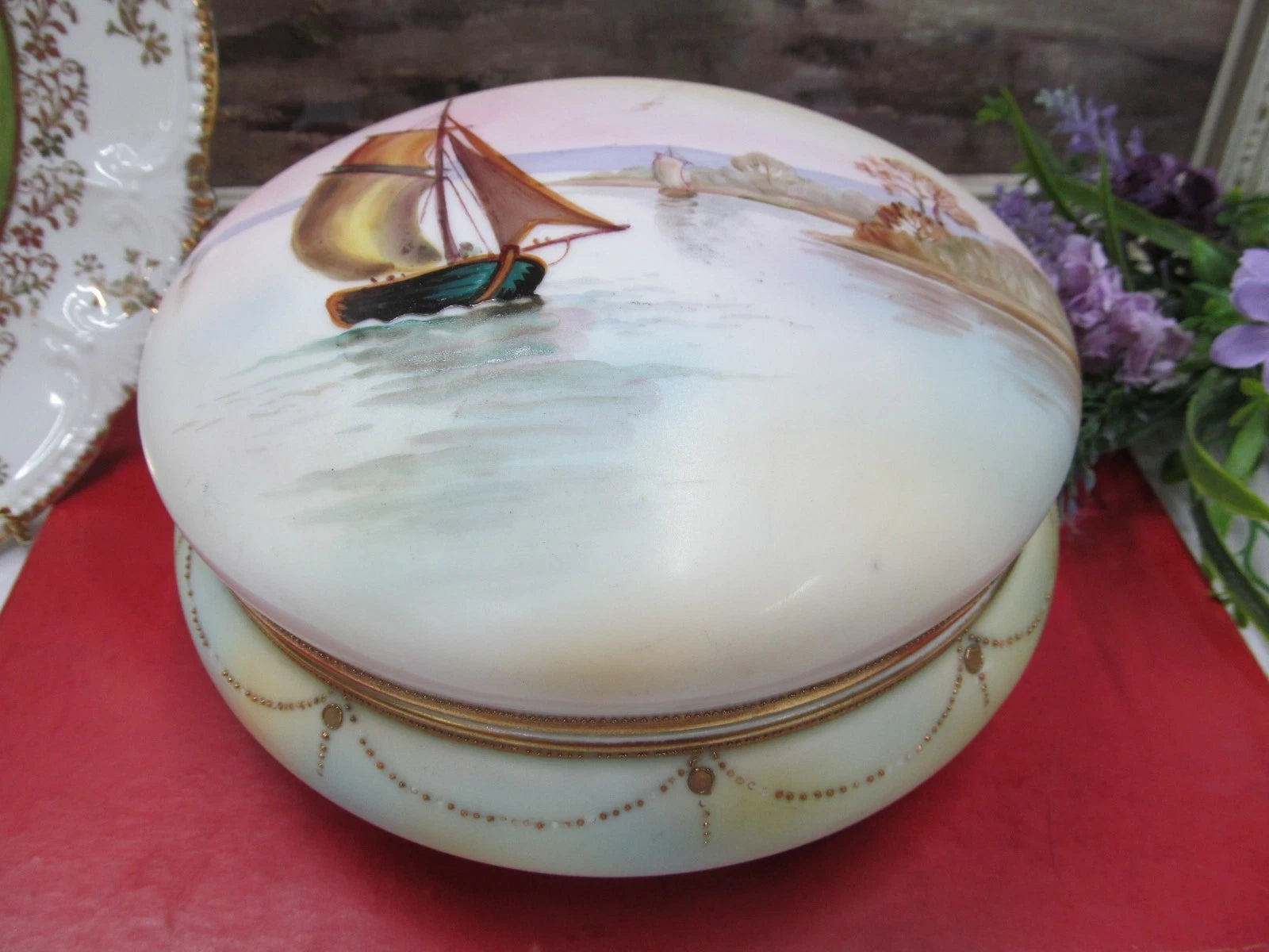 Nippon painted sailboat lake scene beaded gold jeweled large keepsake box