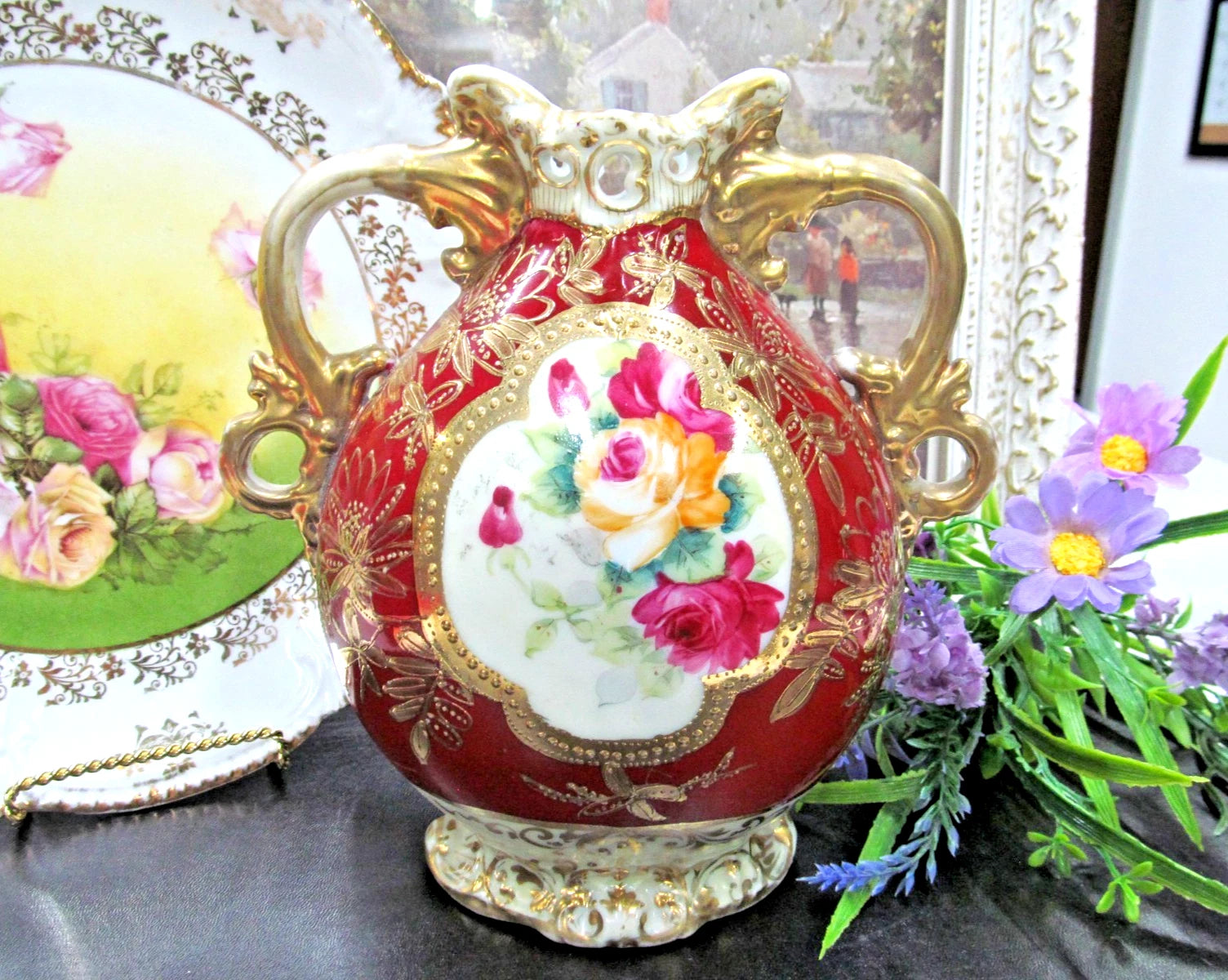 Nippon hand painted with roses and thick raised beaded gold gilt work Urn